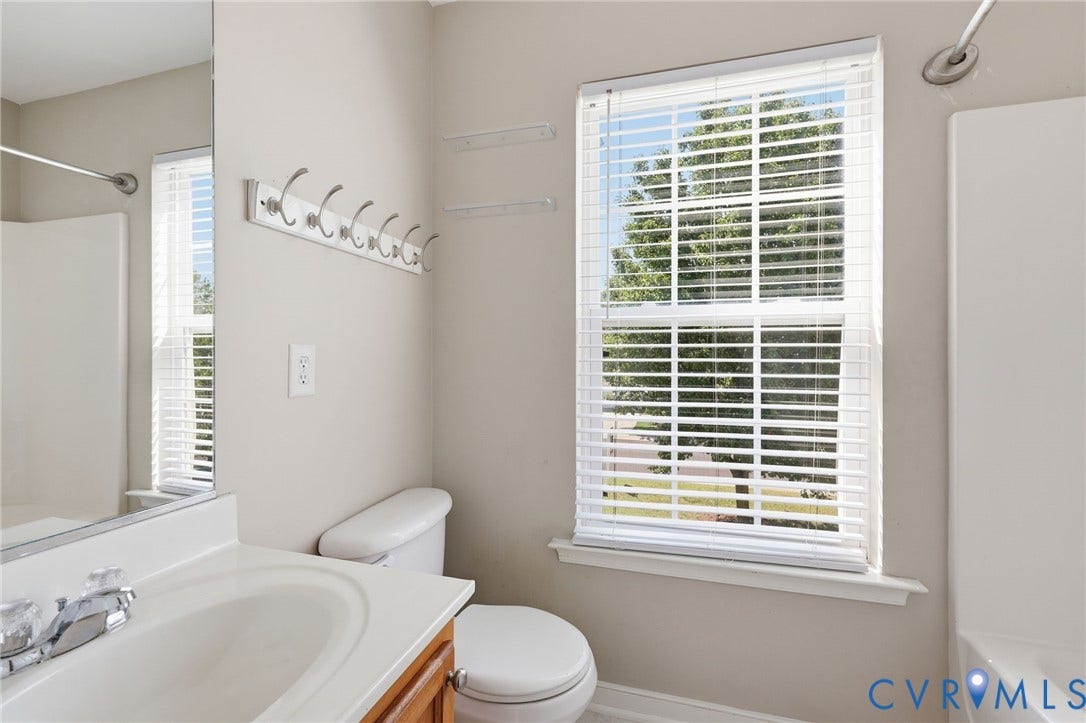 Bright bathroom featuring a large window with white blinds, a white toilet, and a vanity with a white countertop and wood-finish cabinetry