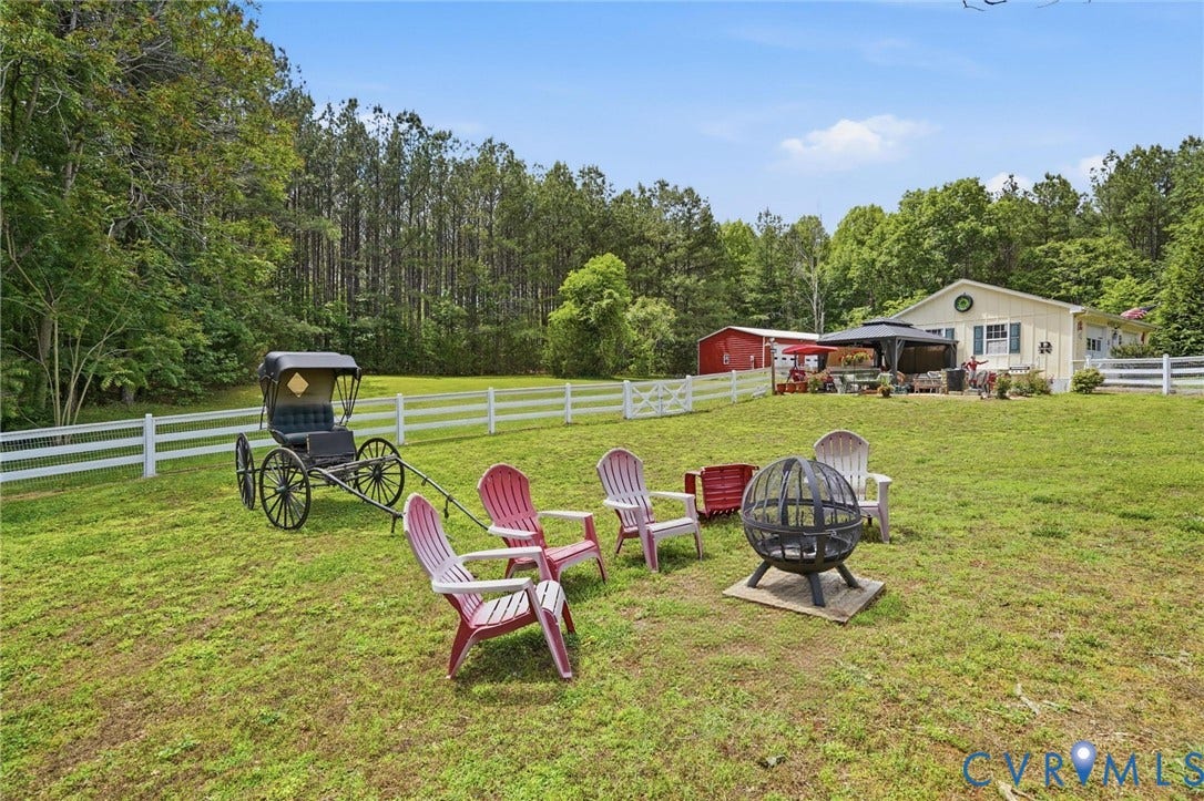 11016 Pridesville Road, Amelia, VA 23002 Expansive green lawn framed by a white picket fence and mature trees