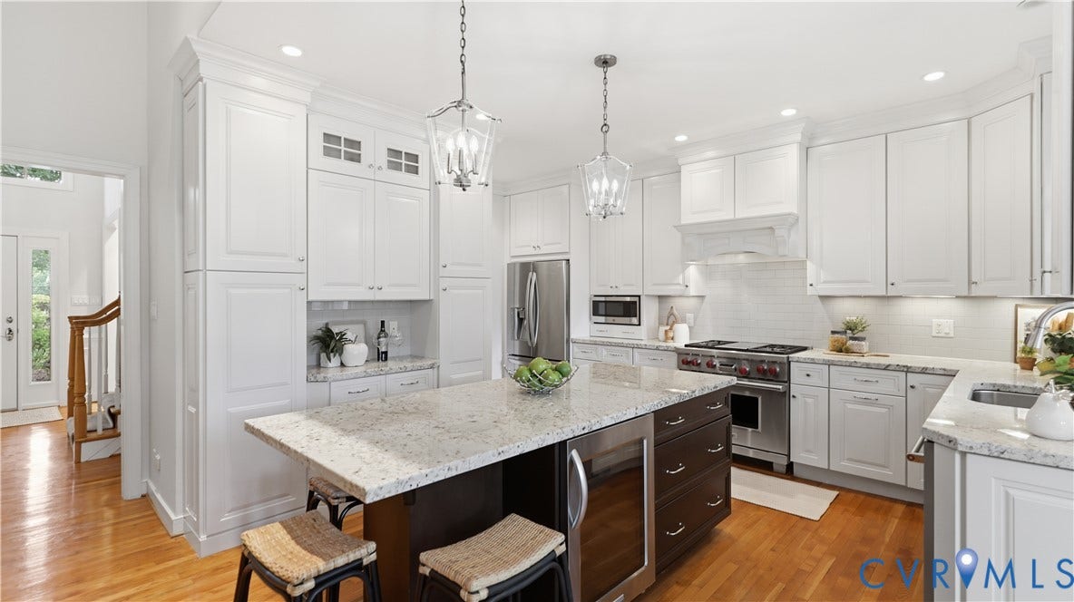 12400 Chadsworth Place, Wyndham, Glen Allen, VA 23059 Gourmet kitchen featuring a large central island with seating, white shaker cabinetry, stainless steel appliances, and wood-finish flooring