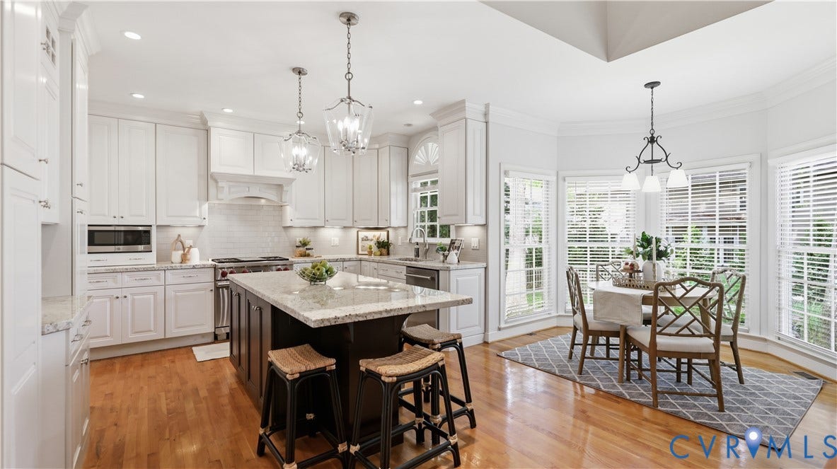 12400 Chadsworth Place, Wyndham, Glen Allen, VA 23059 Kitchen featuring white cabinetry, a central island with a granite countertop, stainless steel appliances, and wood-finish flooring