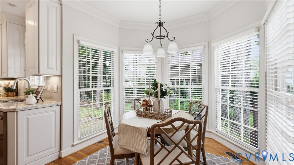 12400 Chadsworth Place, Wyndham, Glen Allen, VA 23059 Kitchen dining nook featuring a bay window configuration, wood-finish flooring, and white cabinetry