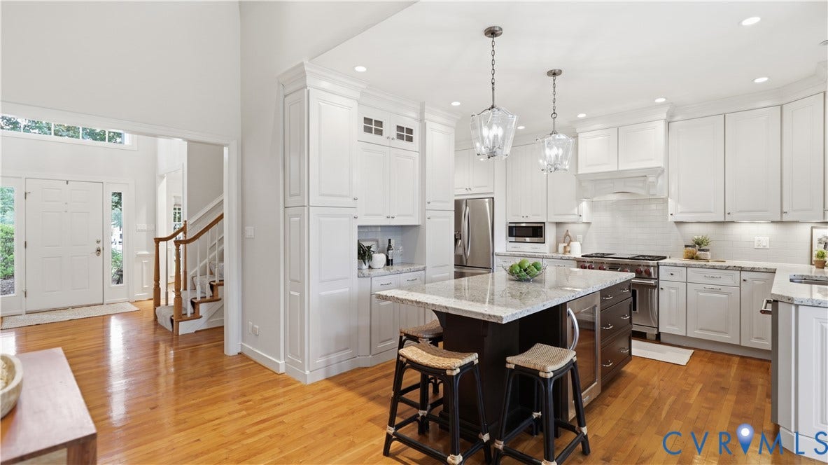 12400 Chadsworth Place, Wyndham, Glen Allen, VA 23059 Gourmet kitchen with white cabinetry, granite countertops, and stainless steel appliances
