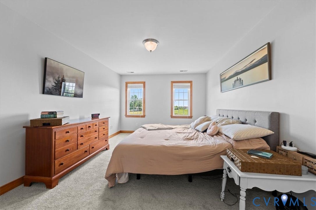 Primary bedroom featuring light gray carpeting and white painted walls