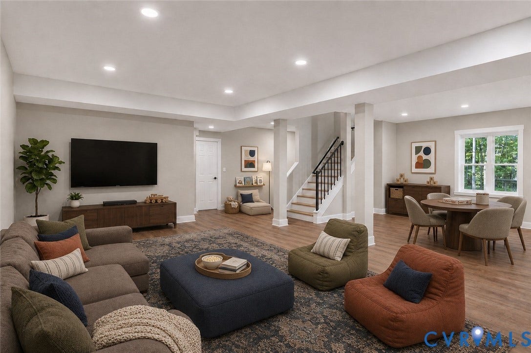 3834 Three Chopt Road, Nonw, Goochland, VA 23065 Spacious finished basement featuring recessed lighting, wood-finish flooring, a contemporary staircase with iron balusters, and a dedicated dining area with a window
