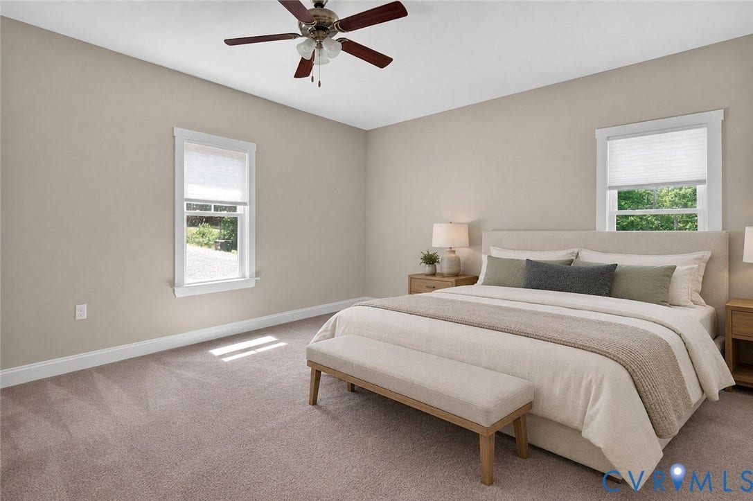 3834 Three Chopt Road, Nonw, Goochland, VA 23065 Carpeted bedroom with neutral wall tones and a ceiling fan