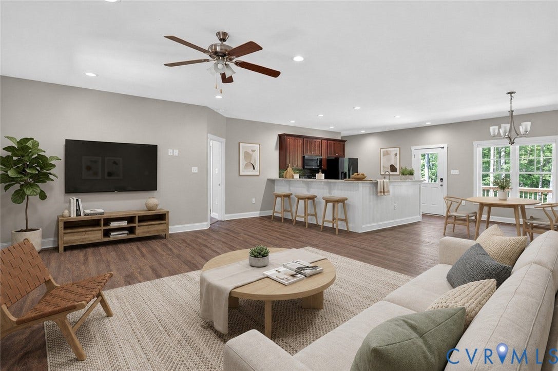 3834 Three Chopt Road, Nonw, Goochland, VA 23065 Open-concept living area featuring wood-finish flooring, recessed lighting, and a ceiling fan