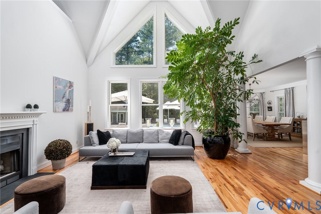 3124 Rock Cress Lane, Mill Forest, Sandy Hook, VA 23153 Flooded with natural light, the Living Room has a vaulted ceiling with a window wall overlooking the Deck and Pool beyond.