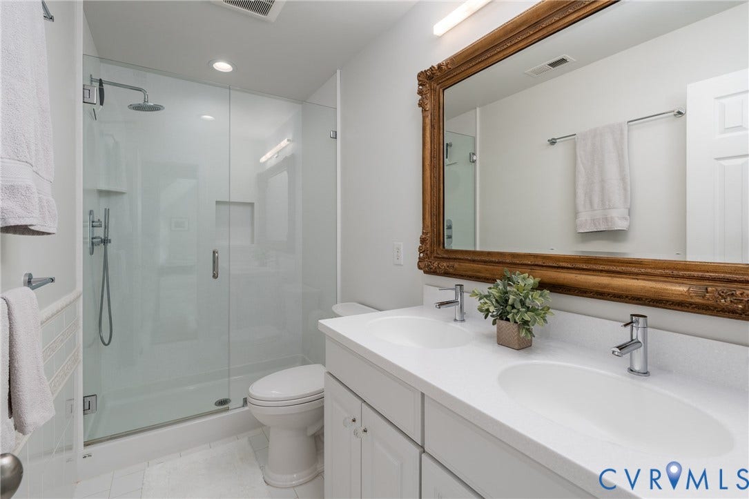 3124 Rock Cress Lane, Mill Forest, Sandy Hook, VA 23153 Second floor Hall Bath with double vanity and walk in glass shower.