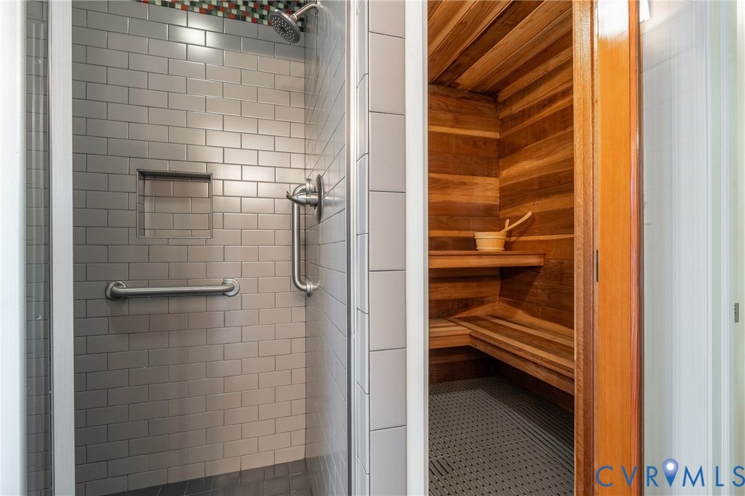 3124 Rock Cress Lane, Mill Forest, Sandy Hook, VA 23153 Pool House has a tiled walk in Shower as well as a traditional Sauna