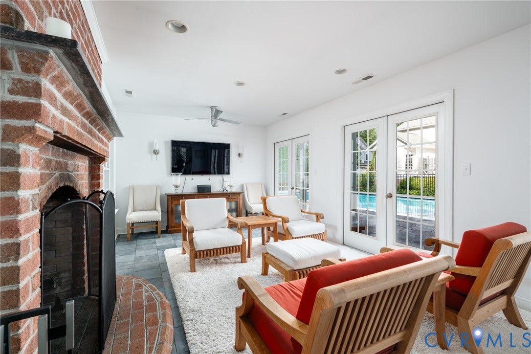 3124 Rock Cress Lane, Mill Forest, Sandy Hook, VA 23153 With pool views through the French doors, a comfortable seating area in the Pool House Living Room/Entertainment Room is ideal for hot summer days and fall evenings alike.