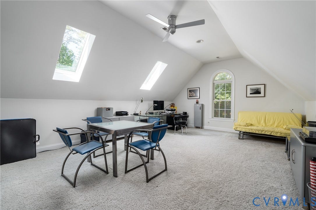 3124 Rock Cress Lane, Mill Forest, Sandy Hook, VA 23153 Cathedral ceiling creates a spacious Bedroom 4 with skylights, a Palladian window, ceiling fan and closet. Currently used as a home Office.