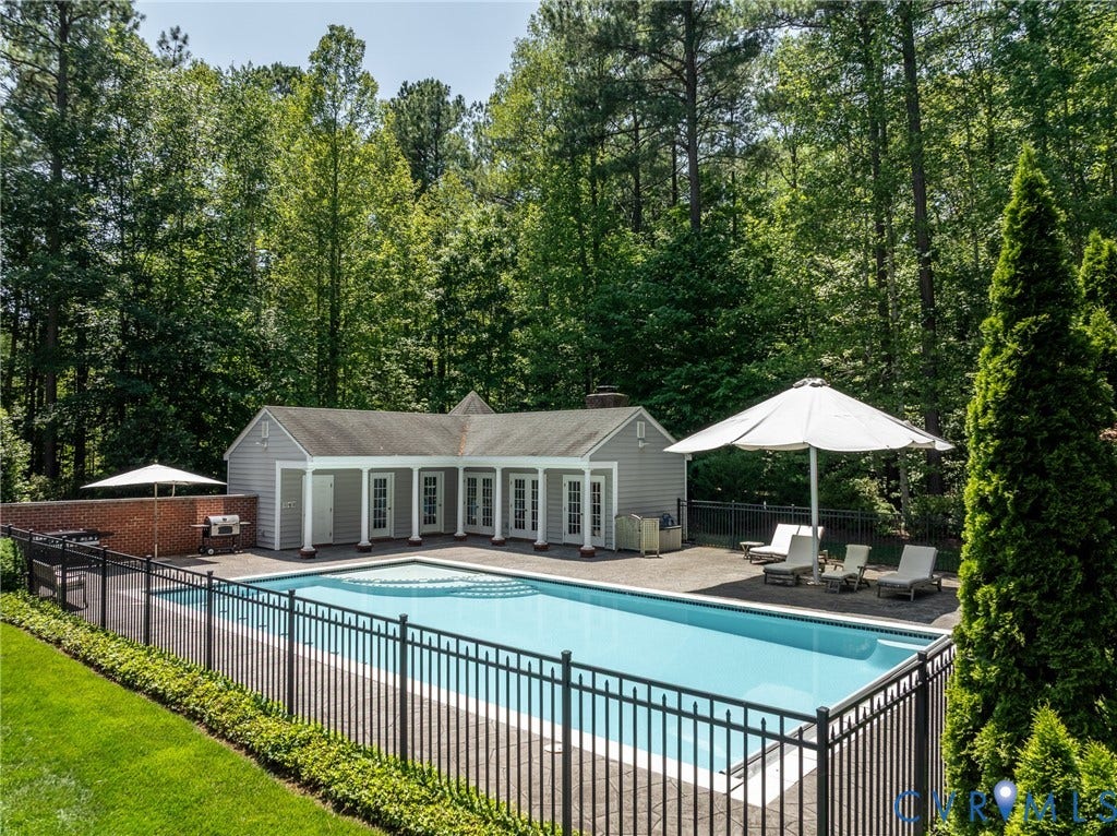 3124 Rock Cress Lane, Mill Forest, Sandy Hook, VA 23153 Pool House has a pool equipment storage room, a dressing room, half Bath, stall shower and sauna, a full Kitchen, Solarium and Living/Rec Room.