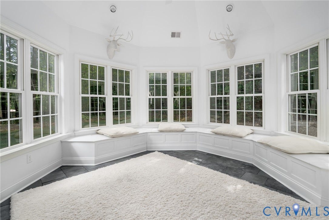 3124 Rock Cress Lane, Mill Forest, Sandy Hook, VA 23153 Quintagonal Solarium has five double windows with window seats and storage below for stretching out after a swim.
