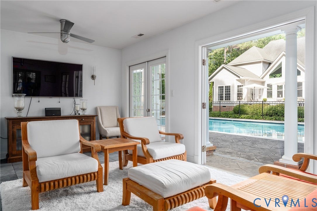 3124 Rock Cress Lane, Mill Forest, Sandy Hook, VA 23153 Pool House with French doors thrown open to the Pool