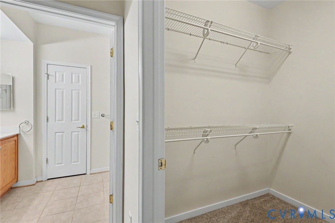 Walk-in closet featuring carpet flooring and white wire shelving