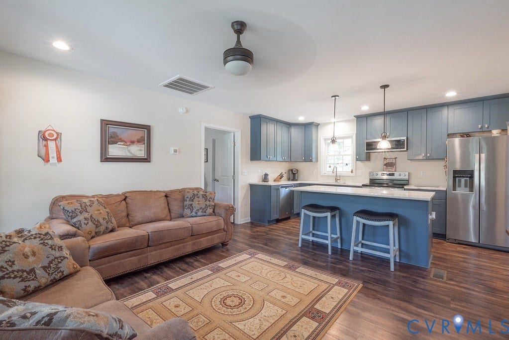 4336 Hells Bend Road, Quiet And Private, Palmyra, VA 22963 Open-concept living space featuring wood-finish flooring, recessed lighting, and a ceiling fan