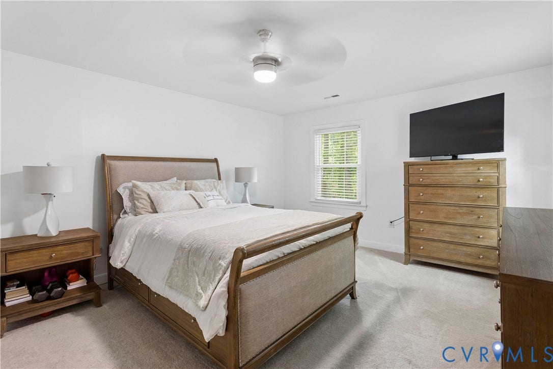 10100 Contessa Court, Glen Allen, VA 23060 Carpeted bedroom featuring white walls, a ceiling fan with integrated lighting, and a window with blinds