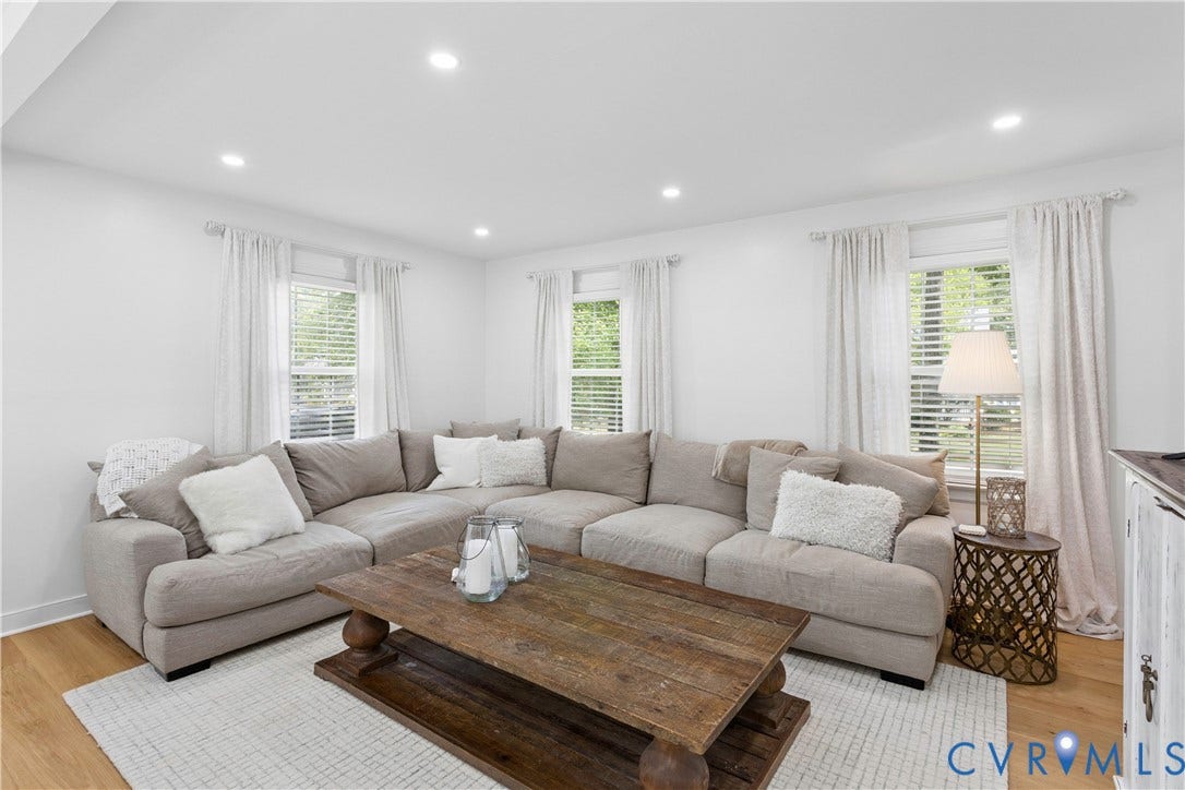 10100 Contessa Court, Glen Allen, VA 23060 Living area featuring recessed lighting, light wood-finish flooring, white walls, and multiple windows with white blinds and drapes
