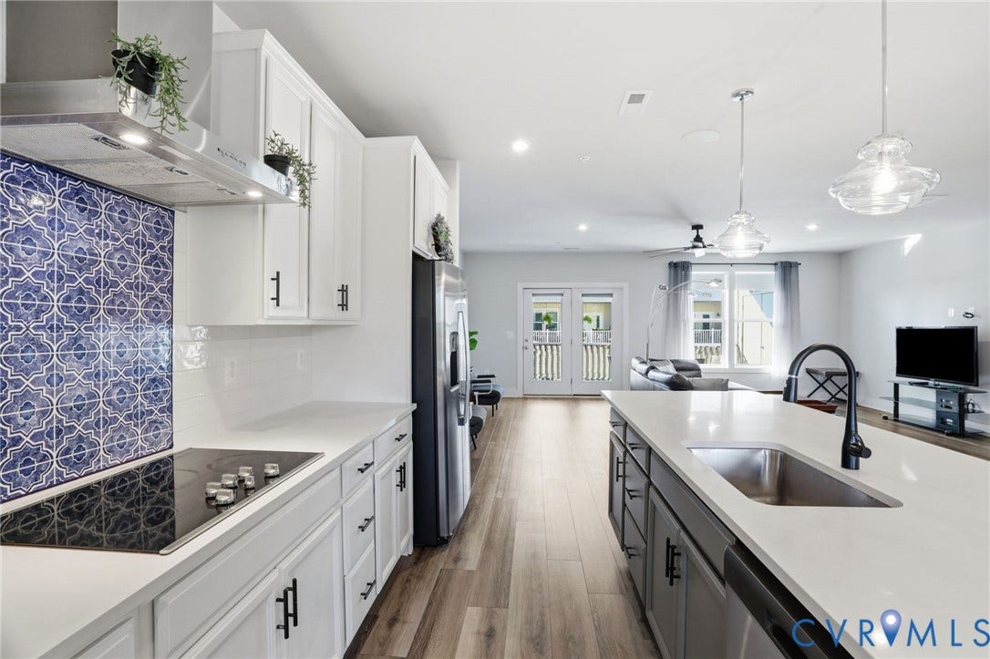 1121 N Lombardy Street, #B, Carver Square, Richmond, VA 23220 Modern kitchen featuring a blue patterned tile backsplash, white cabinetry with matte black hardware, and a built-in electric cooktop