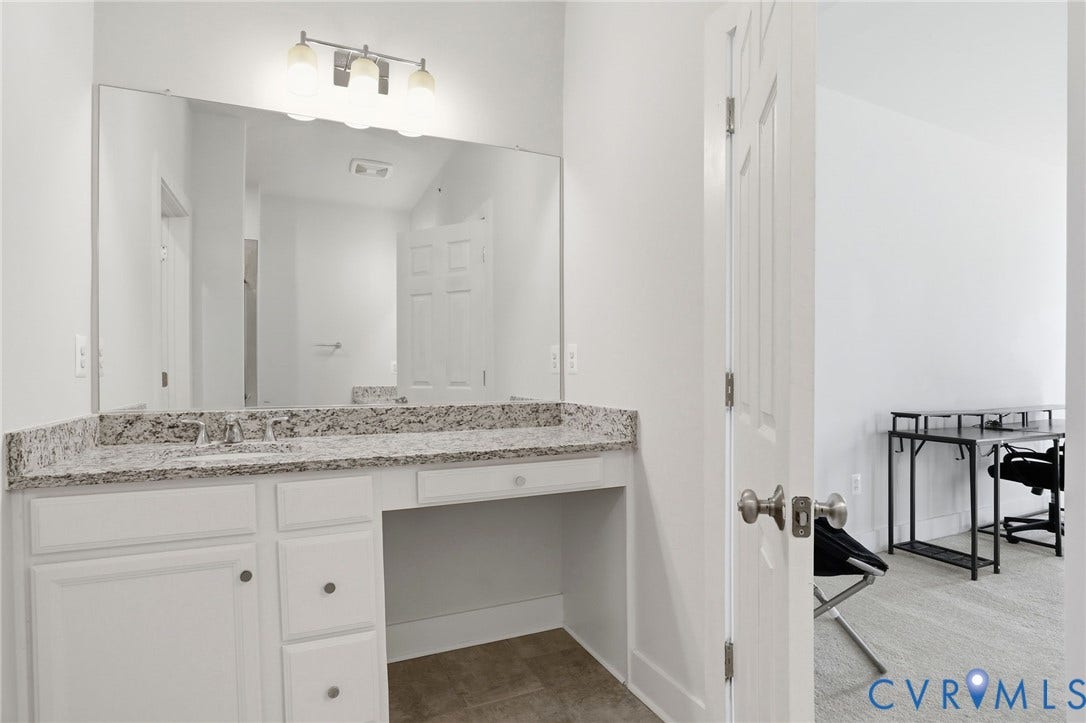 1121 N Lombardy Street, #B, Carver Square, Richmond, VA 23220 Bathroom vanity featuring a speckled countertop, integrated sink, and white cabinetry with storage drawers