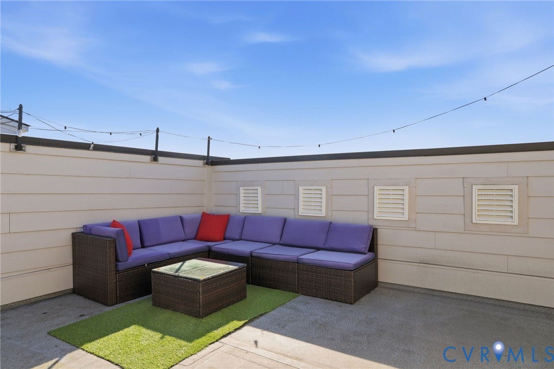 1121 N Lombardy Street, #B, Carver Square, Richmond, VA 23220 Rooftop Terrace featuring light-colored siding, a dark perimeter parapet wall, and string lighting