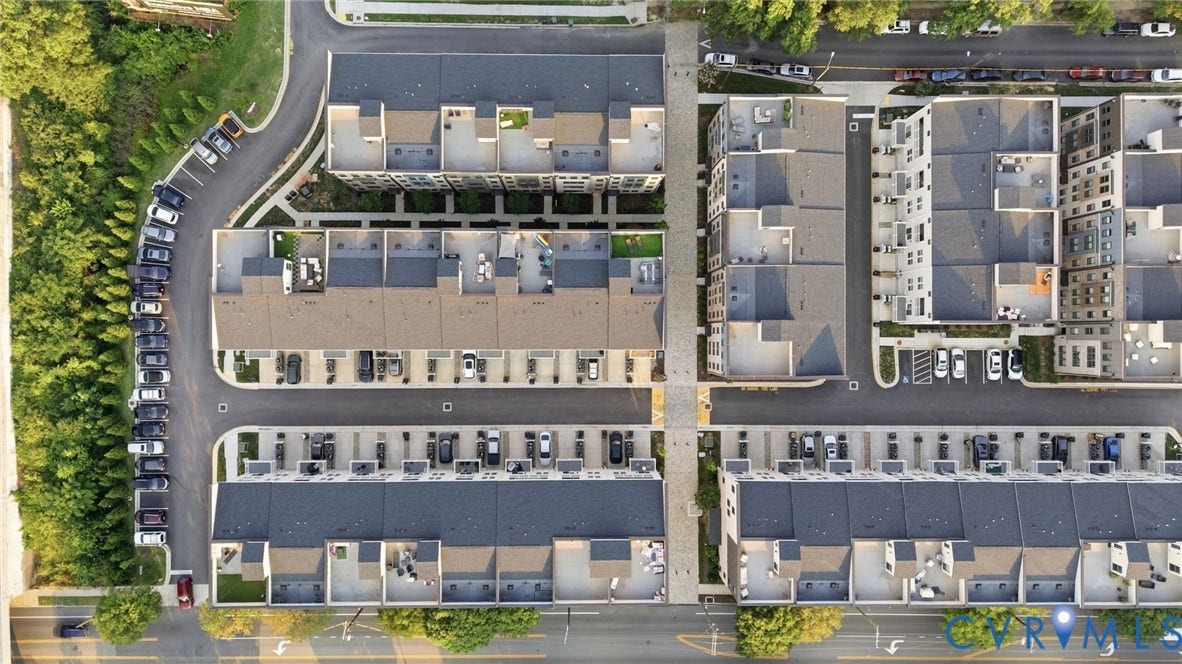1121 N Lombardy Street, #B, Carver Square, Richmond, VA 23220 Aerial perspective showcasing a structured development with multiple residential buildings