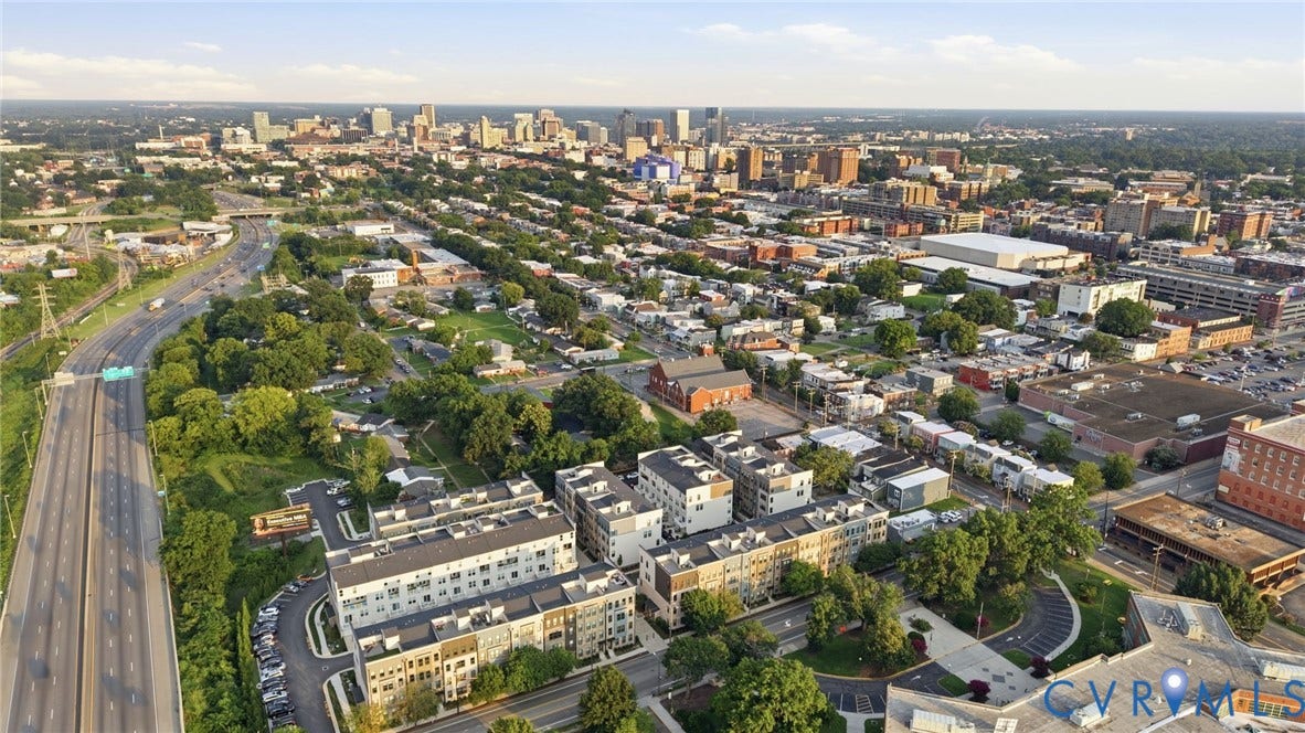 1121 N Lombardy Street, #B, Carver Square, Richmond, VA 23220 Aerial perspective showcasing an urban landscape with a prominent highway