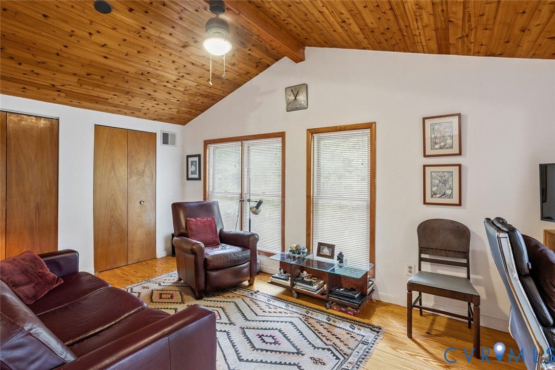 1474 Timber Ridge, Maidens, VA 23102 3rd Bedroom used as office. Vaulted wood-finish plank ceiling featuring a ceiling fan