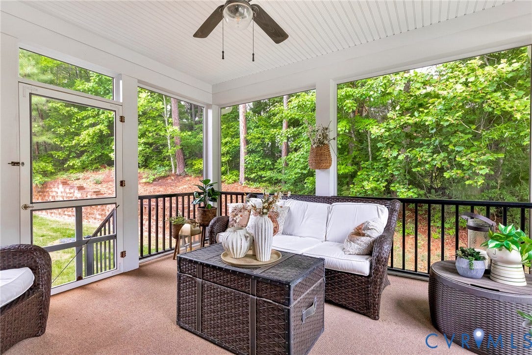 201 Maymont Way, Manakin Sabot, Manakin Sabot, VA 23103 The screened porch has a bead board ceiling, weather friendly carpet, and a fan with light. The screened door offers access to the yard.
