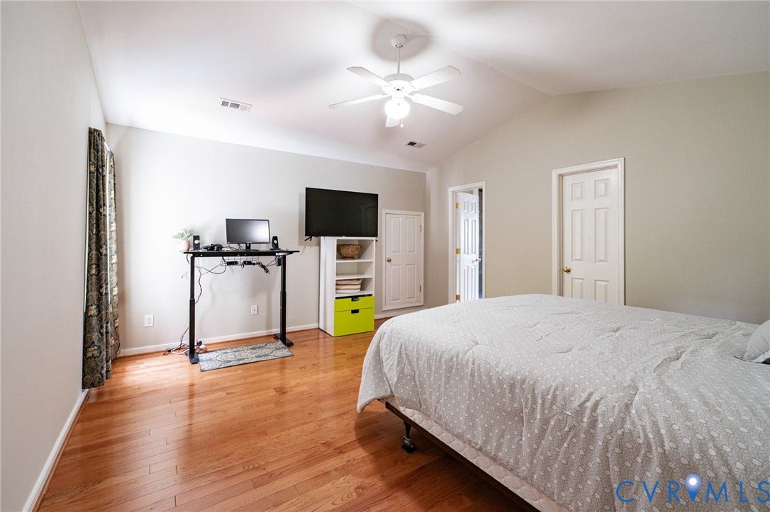 10517 Park Tree Place, Mountain Glen/ Glen Allen, Glen Allen, VA 23060 Spacious room featuring vaulted ceilings, wood-finish flooring, a ceiling fan, and multiple white panel doors