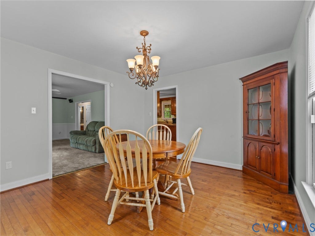 3420 Goodwyn Road, Powhatan, VA 23139 Dining area featuring hardwood flooring, a decorative chandelier, and light gray wall paint