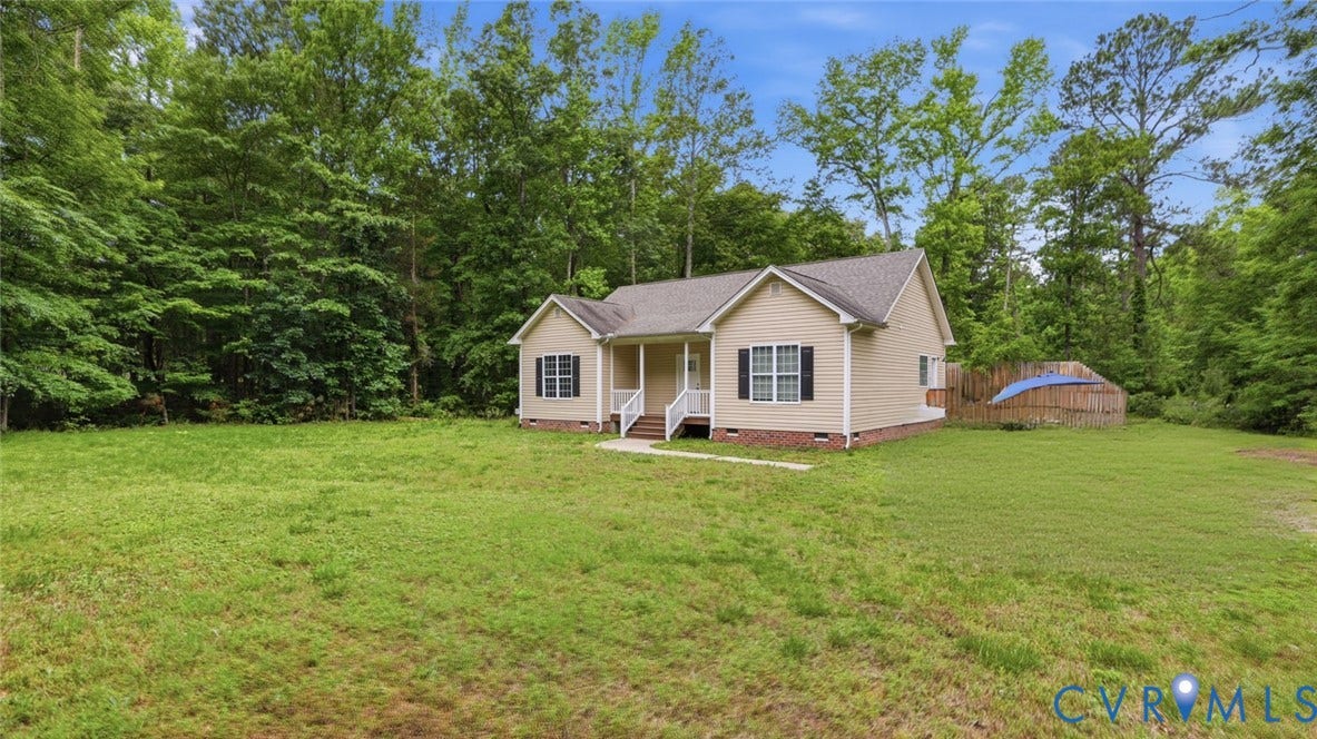 2406 Emanuel Church Road, Powhatan, VA 23139 Ranch-style residence featuring beige siding, a gray shingle roof, and black louvered shutters