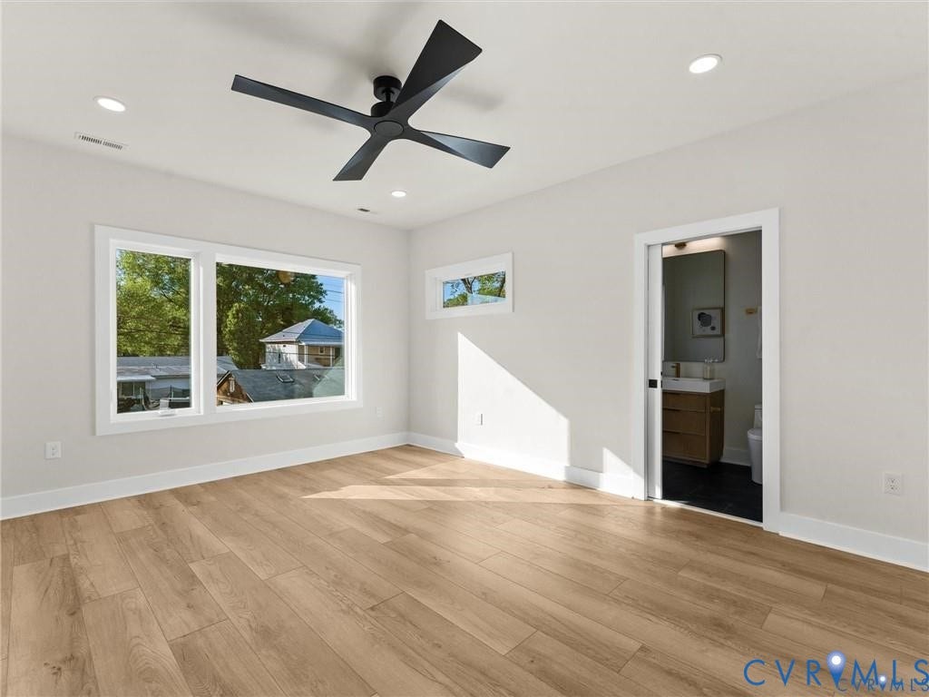 2200 3rd Avenue, Northside, Richmond, VA 23222 Unfurnished bedroom with a ceiling fan, light wood-type flooring, ensuite bath, and recessed lighting