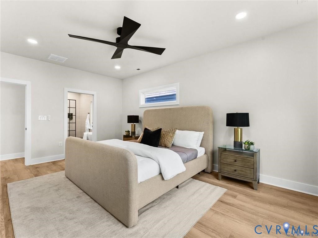 2200 3rd Avenue, Northside, Richmond, VA 23222 Bedroom featuring light wood-style flooring, a ceiling fan, and recessed lighting