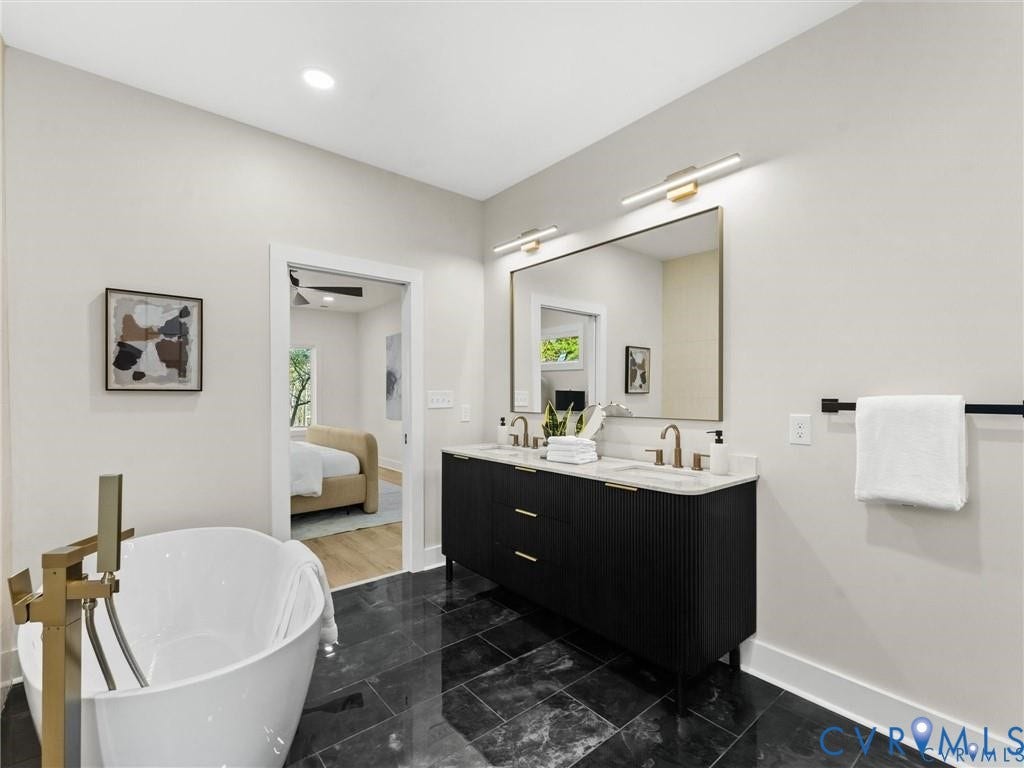2200 3rd Avenue, Northside, Richmond, VA 23222 Full bath featuring a walk in shower, recessed lighting, and dark tile patterned flooring