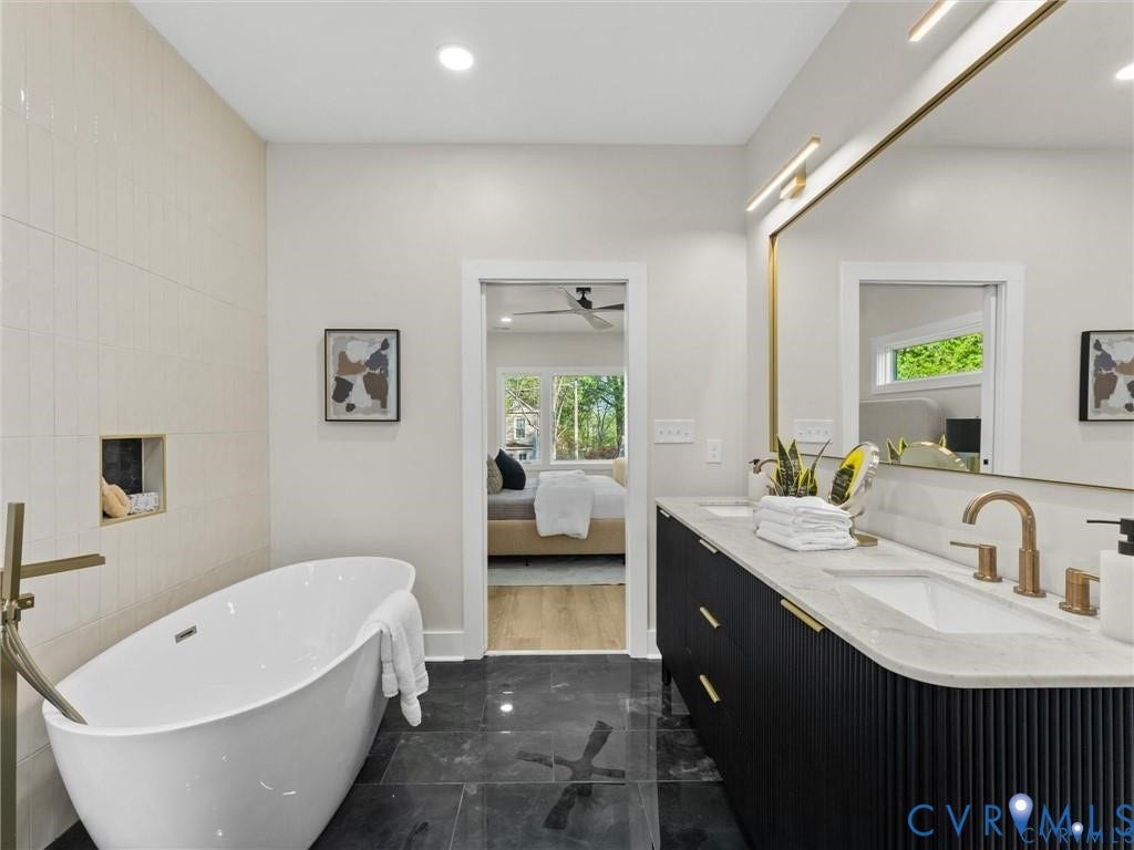 2200 3rd Avenue, Northside, Richmond, VA 23222 Ensuite bathroom with double vanity, a freestanding bath, and recessed lighting