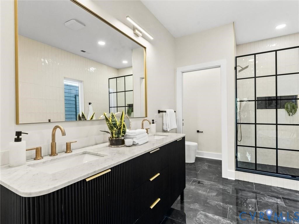 2200 3rd Avenue, Northside, Richmond, VA 23222 Bathroom with a soaking tub, tile walls, walk in shower, and dark marble finish flooring