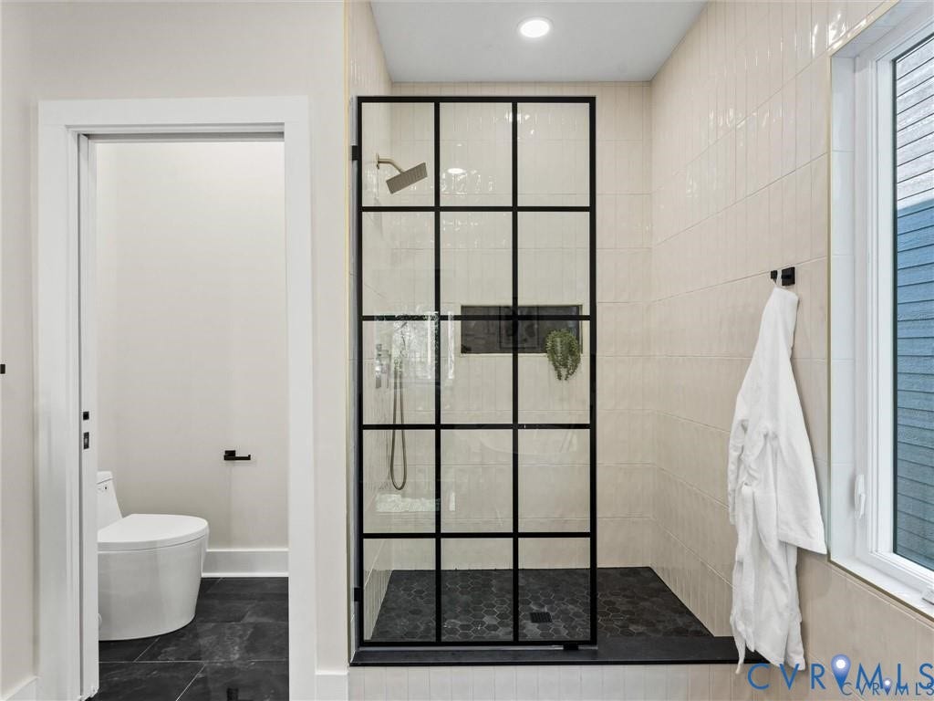 2200 3rd Avenue, Northside, Richmond, VA 23222 Bathroom featuring double vanity, a walk in shower, and recessed lighting