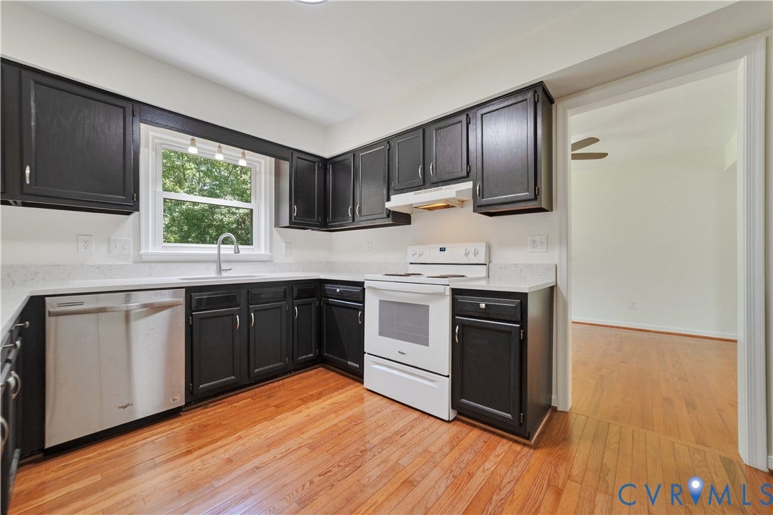 11060 Forest Trace Way, Forest Trace, Glen Allen, VA 23059 Kitchen featuring black cabinetry, white countertops, stainless steel dishwasher, white range, and wood-finish flooring