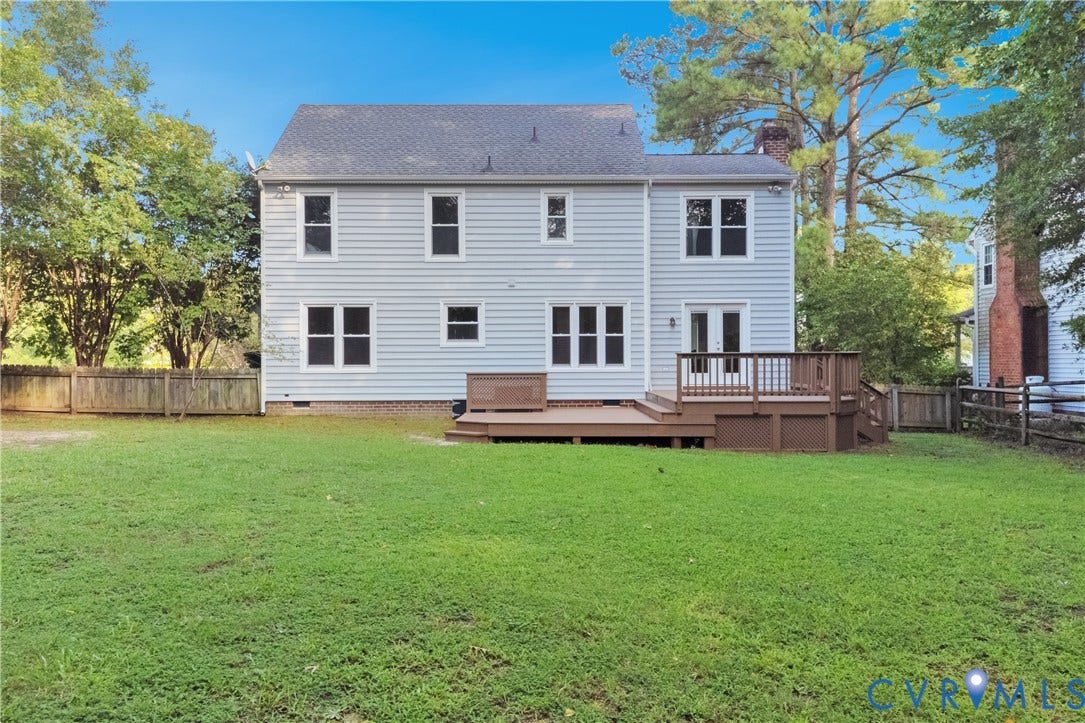 11060 Forest Trace Way, Forest Trace, Glen Allen, VA 23059 Expansive yard featuring a tiered wood deck, double patio doors, and light blue siding