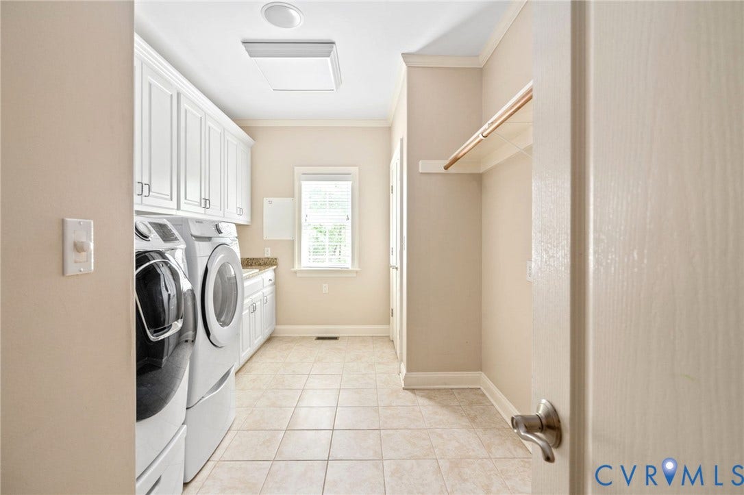 2220 French Hill Terrace, Powhatan, VA 23139 Laundry Room - Ceramic Floor, Base Cabinets with Sink and Granite top, 42-inch Wall Cabinets, Clothes Hanging Rod, Closet, Ceiling Speakers, and Washer and Dryer that Conveys