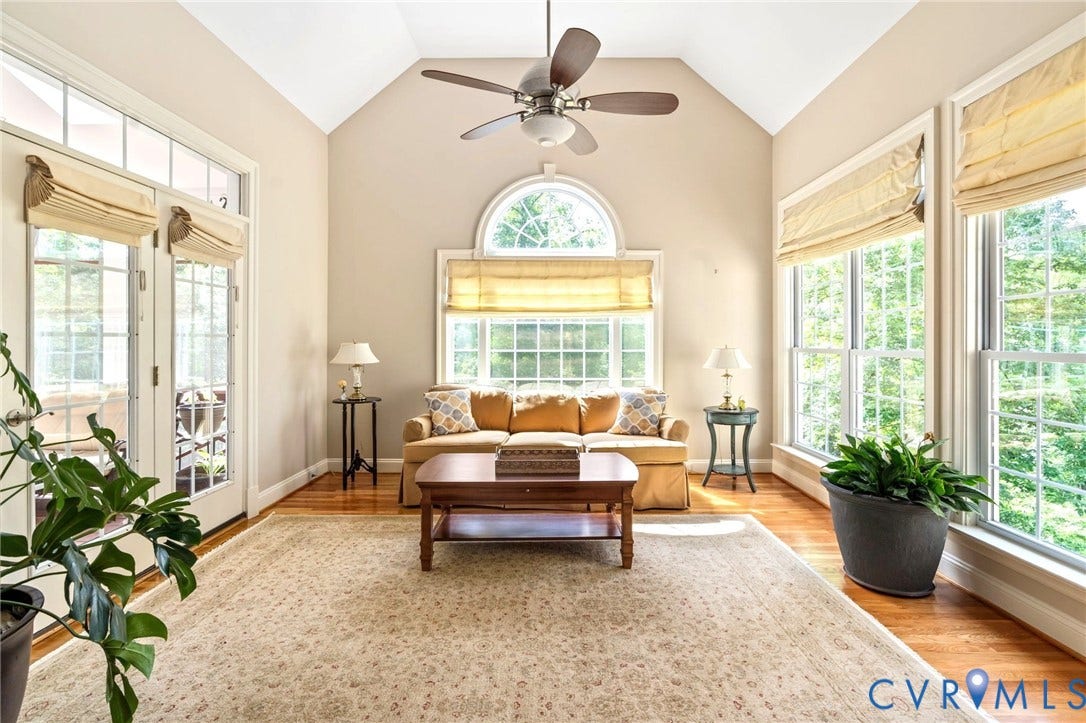2220 French Hill Terrace, Powhatan, VA 23139 Vaulted Ceiling, Palladian Windows, and French Door with Transom Window leading to First- Floor Screen Porch