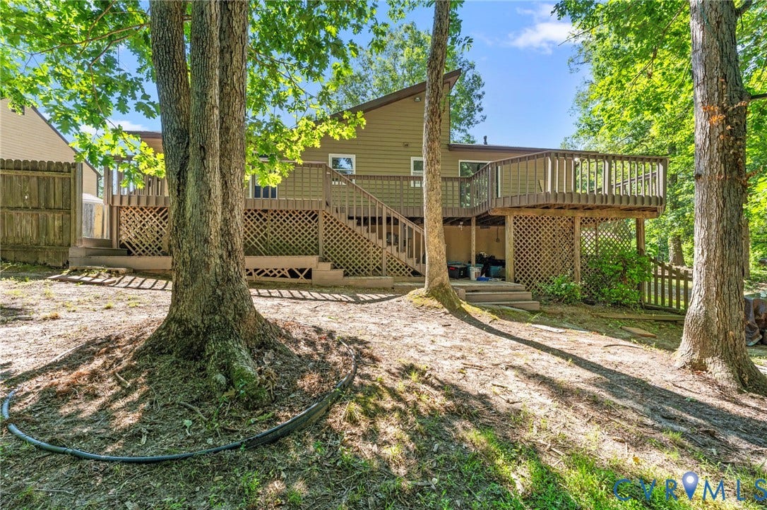 3020 Sand Hills Drive, Chester, VA 23831 Rear exterior featuring a multi-level wooden deck with lattice skirting and stairs to the ground