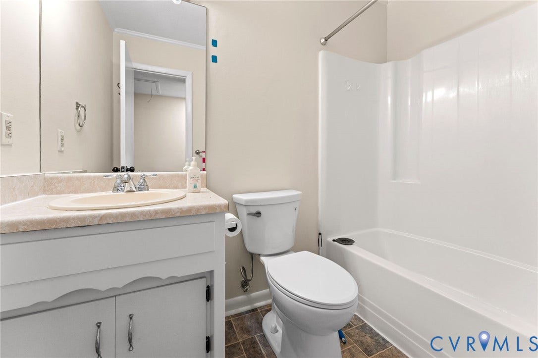 3020 Sand Hills Drive, Chester, VA 23831 Full bathroom featuring a single vanity, integrated sink, and combination tub/shower