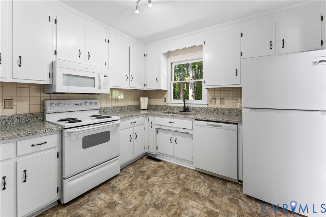 3020 Sand Hills Drive, Chester, VA 23831 Kitchen featuring white cabinetry with dark hardware, a white electric range, white microwave, white dishwasher, and a white refrigerator