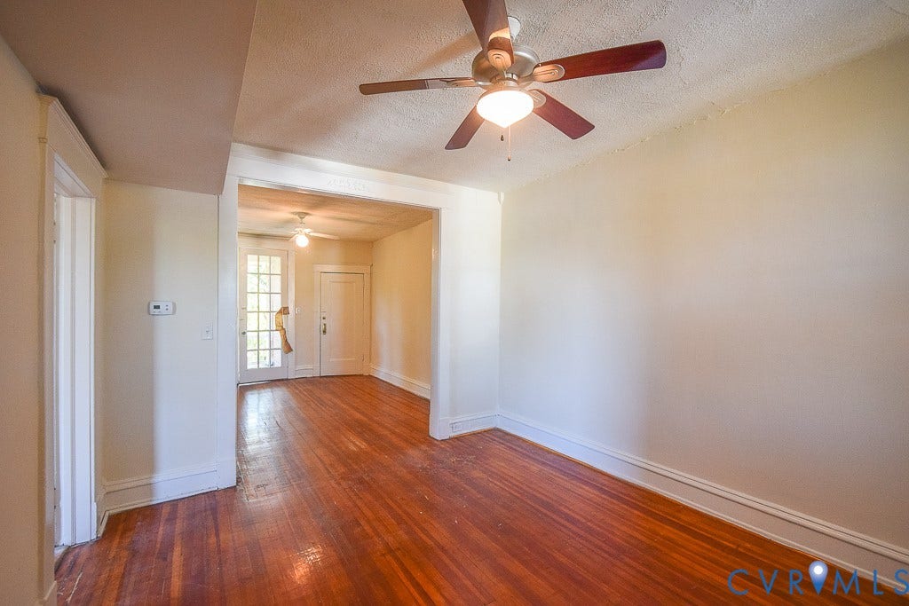 120 S Arthur Ashe Boulevard, #1, Richmond, VA 23220 Interior room with wood-finish flooring, a ceiling fan with light fixture, and white trim molding