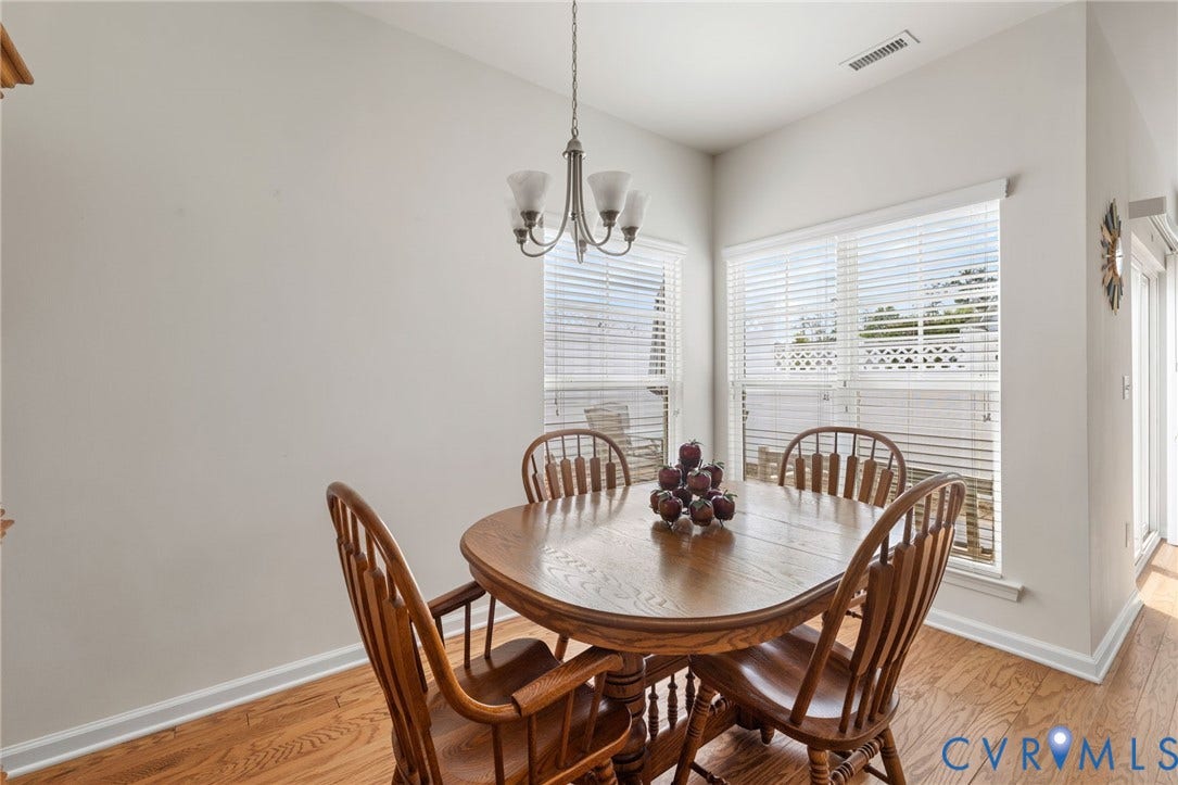 12128 Magnolia Bluff Court, Villas At Magnolia Lakes, Chester, VA 23831 Breakfast nook featuring wood-finish flooring, two large windows with blinds, and a multi-light chandelier