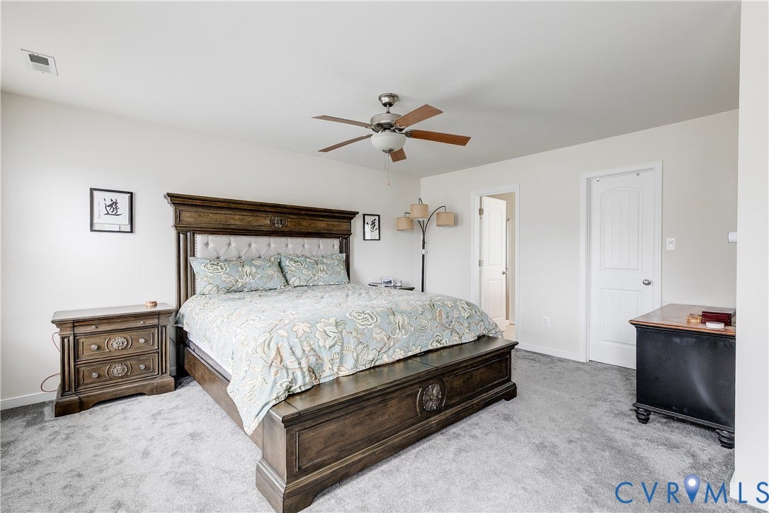2244 Thomas Kenney Drive, Henrico, VA 23060 Primary Bedroom Featuring Carpet and Ceiling Fan.