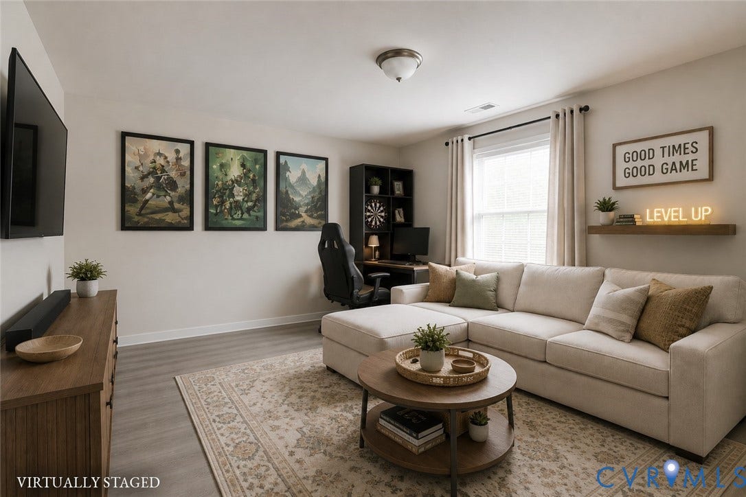 2244 Thomas Kenney Drive, Henrico, VA 23060 Spacious room featuring light gray walls, wood-finish flooring, a bright window with curtain rods, and a ceiling-mounted light fixture Virtually Staged
