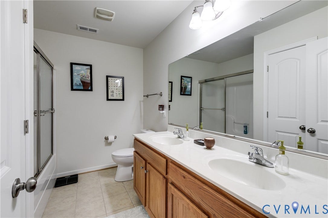 2244 Thomas Kenney Drive, Henrico, VA 23060 2nd Floor Full Bathroom Featuring Tile Floors, Double Vanity Sinks, and Combo Shower/Tub.